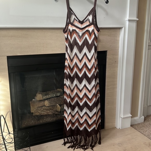 NWT Almost Famous Chevron Pointelle Fringe Boho Indie Retro Dress, L - Picture 6 of 9